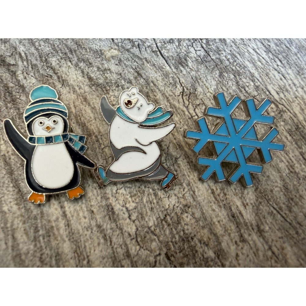 Brooch Pin 3 pc Set Enamel Winter Penguin Polar Bear Snowflake Blue Vintage Pins